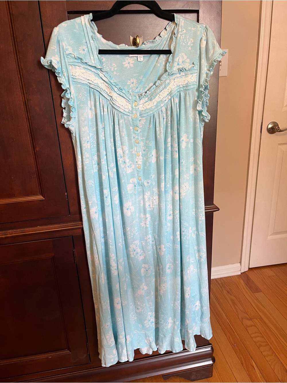 Light Blue Floral Nightgown with Lace Trim